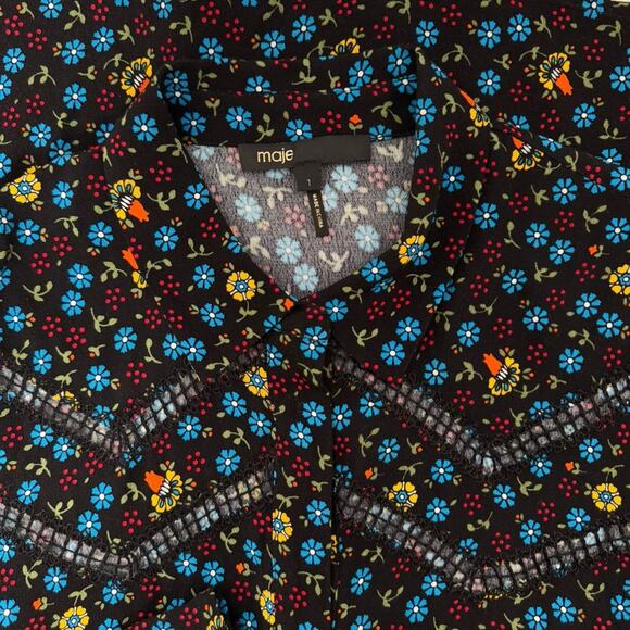 Maje Floral Print Ladder-Seam Snap Button Shirt Women’s Size 1/ Small - Picture 8 of 12